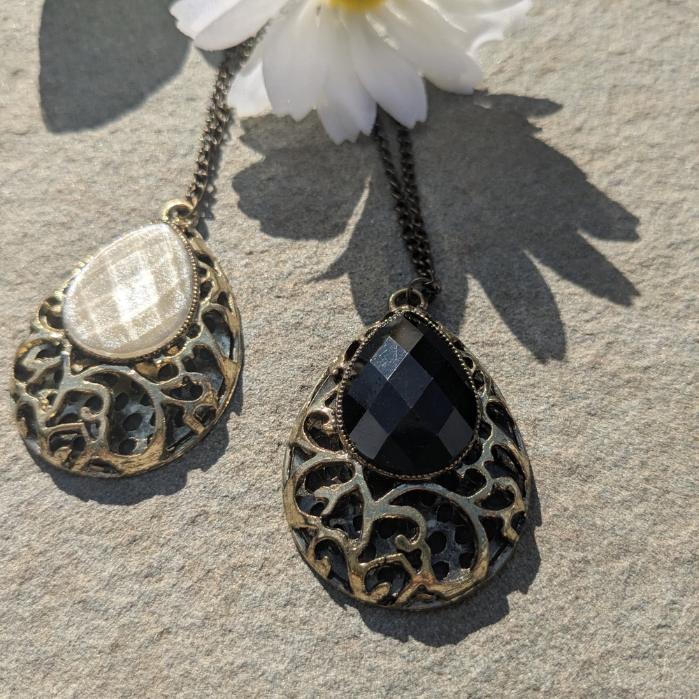2 Necklaces!! Gold and Black Teardrop Pendant Necklace Antique Look